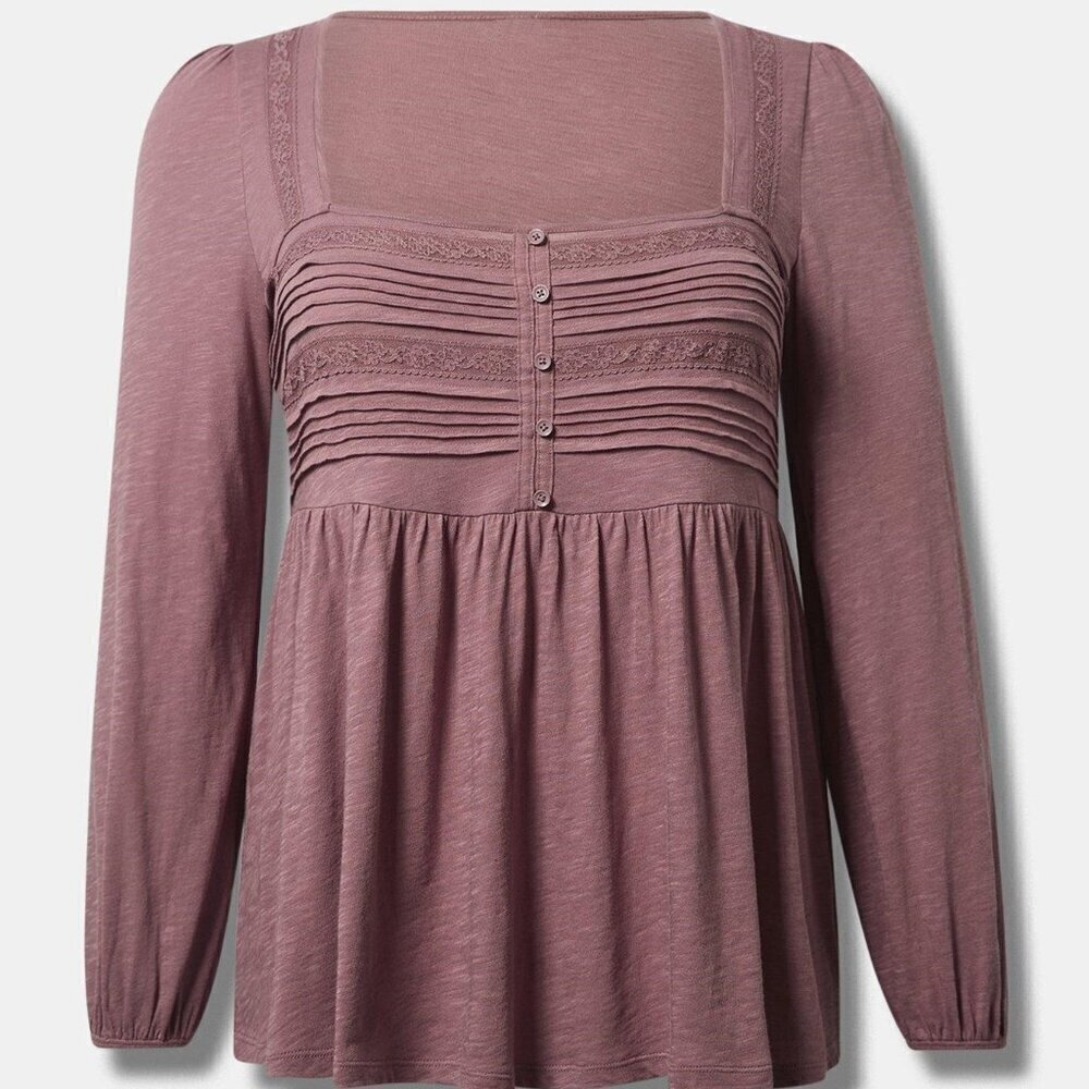 Torrid - Cotton Modal Slub Square Neck Pintuck Top in Rose Taupe - Picture 14 of 14